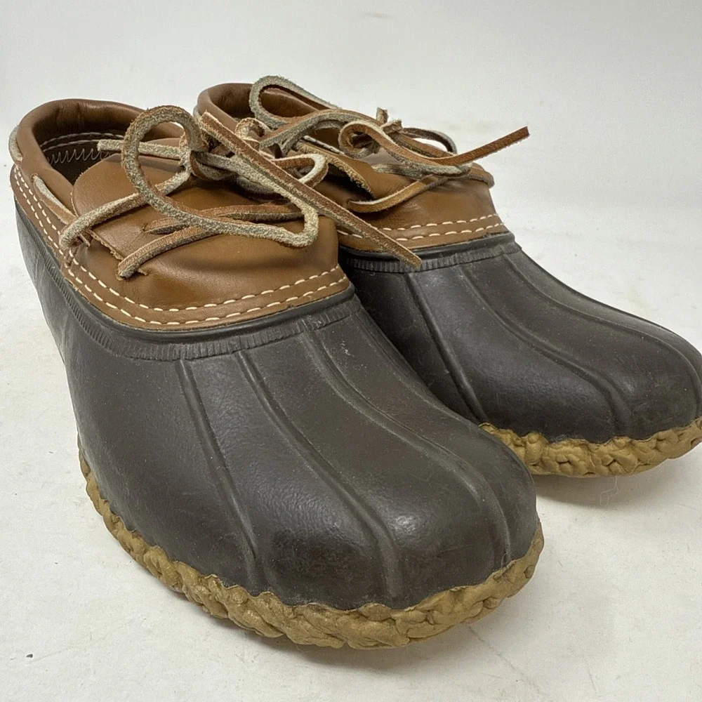 Womens 7 LL Bean Duck Low Boots Slip On Ankle Brown Lace Up Rain Boots Moc